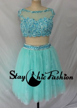 Staychicfashion Cute Aqua Short Two Piece Beaded Mesh Scoop Neck Lace Applique Tulle Party Dress ...
