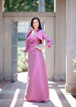 US$160.99 2015 Flowers Pink Satin Ruched Strapless Jacket Sleeveless Floor Length