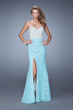 US$157.99 2015 Open Back Floor Length Blue Lace Ruched Split Front Sweetheart Sleeveless