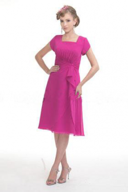 US$140.99 2015 Square Knee Length Ruched Buttons Fuchsia Short Sleeves Chiffon