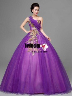 2017 New Applique Sweet 15 Ball Gown One-Shoulder Purple Satin Tulle Prom Dress Gown Vestidos De ...