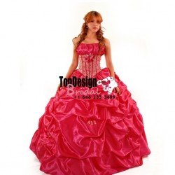 2017 new beaded hand-made flower pick up hot pink puffy corset sweet 15 quinceanera dress