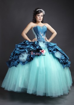 2017 New Beaded Sweet 15 Ball Gown Tiffany Blue and Peacock Blue Satin Organza Prom Dress Gown V ...