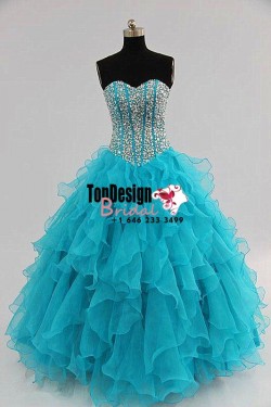 2017 New Beaded Sweet 15 Dress Turquoise Vestidos De Fiesta Satin Organza Quinceanera Ball Gown
