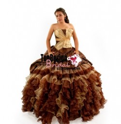 New brown and gold organza taffeta pick up puffy corset 2017 sweet 15 quinceanera dress