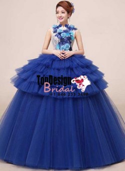2017 New Flower Sweet 15 Ball Gown Navy Blue High-Neck Satin Tulle Prom Dress Gown Vestidos De 1 ...
