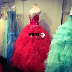 Wholesale 2017 Sweet 15 Dress New Red Real Fashion Beading Ruffles Organza Ball Gown Prom Quince ...