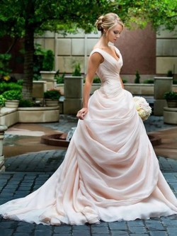 A-line V-neck Organza Court Train Pick-Ups Covered Button Different Wedding Dresses in UK