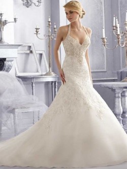 Trumpet/Mermaid Open Back Ivory Organza Appliques Lace Halter Wedding Dresses in UK
