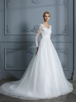 Ball Gown V-neck Long Sleeves Tulle Court Train Lace Wedding Dresses | WearZiu