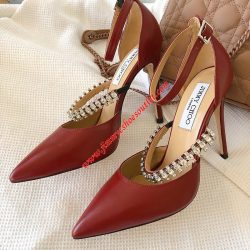 Jimmy Choo Bobbie 100 Patent Leather Pointy Toe Pumps With Crystal Strap Red