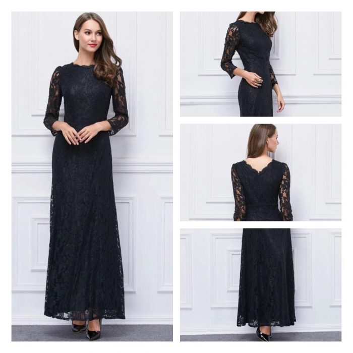 Black Prom Dresses Online, Lace Floor Length Gowns for Office Party