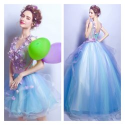 Blue Formal Dresses Australia Tulle Ball Gowns with Floral Design V Neck Evening Dress