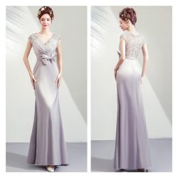Sliver Formal Dresses V Neck Evening Gowns Trumpet/Mermaid Lace Evening Gowns