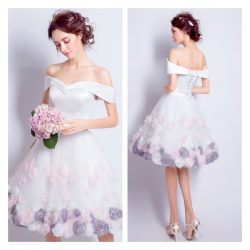 Off Shoulder White Formal Gowns with Floral Hem Design Short Dress