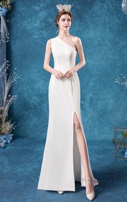 One Shoulder Wedding Gowns Satin High Split Mermaid Formal Gowns 2021