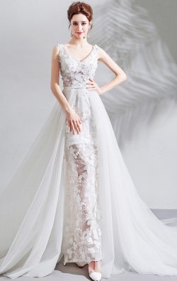 V Neck White Wedding Gowns Sleeveless Chiffon & Lace Formal Dresses