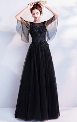 Short Sleeve Black A line Organza Evening Gown 2022