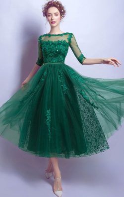 Tea Length Short Sleeve Green Formal Dress Online Australia
