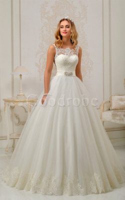 Robe de mariée intemporel avec nœud de col bateau avec cristal dos nu – GoodRobe