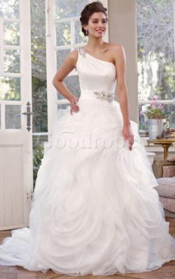 Robe de mariée naturel manche nulle de lotus jusqu’au sol en organza – GoodRobe