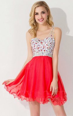 Formaldressau One Shoulder Red Tulle Short Homecoming Dress with Beads Design