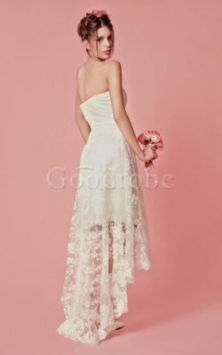 Robe de mariée romantique charmeuse haut bas avec zip avec décoration dentelle – GoodRobe