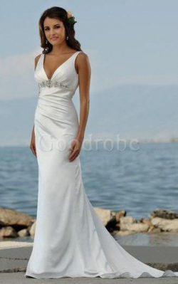 Robe de mariée romantique en satin de col en v manche nulle avec perle – GoodRobe