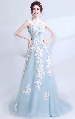 Round Neck Light Blue Mermaid Dress Organza Flower Design 2021-2022