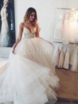 Tulle Natural Waist Court Train Spaghetti Straps Ball Gown Wedding Dress – Gillne.com
