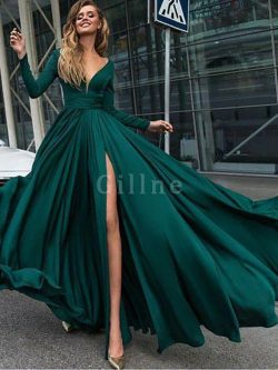 V-Neck A-Line Sweep Train Zipper Up Evening Dress – Gillne.com