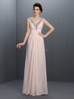 Robe de soirée longue avec perle avec chiffon v encolure a-ligne – GoodRobe