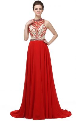Red Halter Floor Length Evening Gowns Chiffon Long Formal Gown
