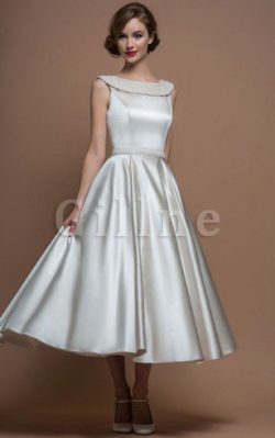 Tea Length Beading Informal & Casual Sleeveless Satin Wedding Dress – Gillne.com