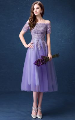 Off the Shoulder Purple Bridesmaid Dress Tulle Tea Length Formal Gown