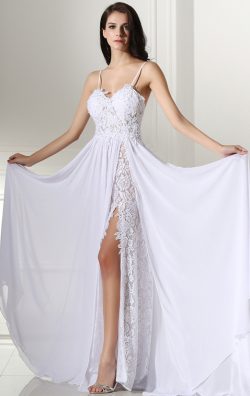 Straps White Lace and Chiffon High Split Evening Gowns in Australia