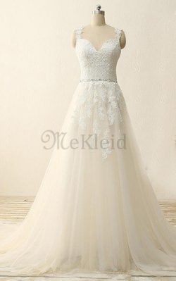 A-Line Sweep Zug Perlenbesetztes Wadenlanges Brautkleid aus Satin – MeKleid.de