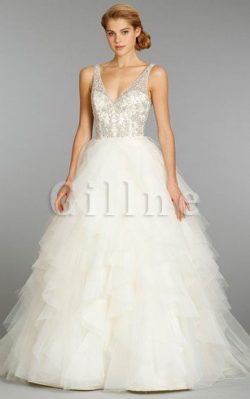 Abito da Sposa con Increspature Senza Maniche con Perline Spazzola Treno Profondo V-scollo ̵ ...