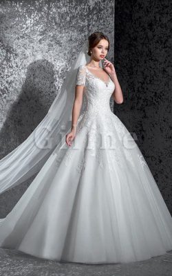 Abito da Sposa Allacciato Elegante con Applique V-Scollo Lunghi – Gillne.it