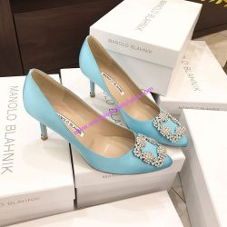 Manolo Blahnik Hangisi Pumps With White Crystal Square Buckle Sky Blue