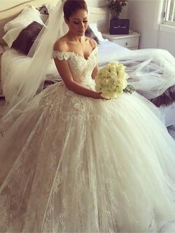 Robe de mariée naturel manche nulle de mode de bal epaule nue avec décoration dentelle – G ...