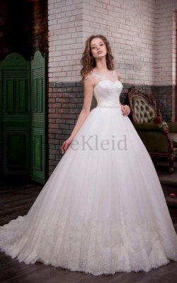 Spitze A-Line Kapelle Schleppe Ärmelloses Brautkleid aus Satin – MeKleid.de