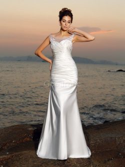 Robe de mariée longue col u profond appliques avec perle en plage – GoodRobe