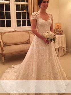 Robe de mariée naturel de princesse avec décoration dentelle avec manche courte a-ligne –  ...