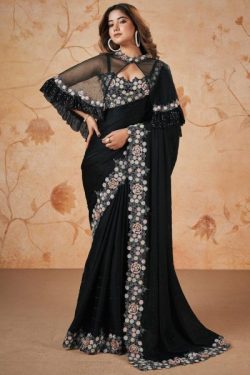 Black Embroidered Silk Saree Online