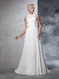 Robe de mariée longue manche nulle avec fronce en chiffon de traîne moyenne – GoodRobe