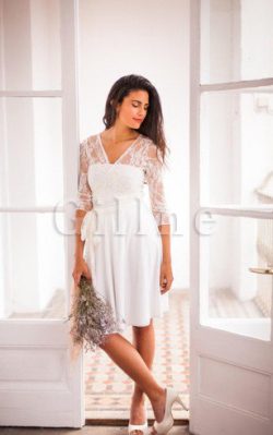 Abito da Sposa A-Line con Fusciacca con Tre Quarti Lunghezza Maniche Retro in Pizzo – Gill ...