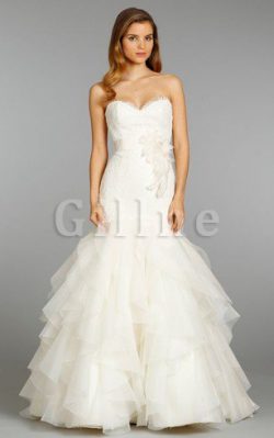 Abito da Sposa con Cascata Volant in Pizzo in Pizzo Sensuale in Organza – Gillne.it