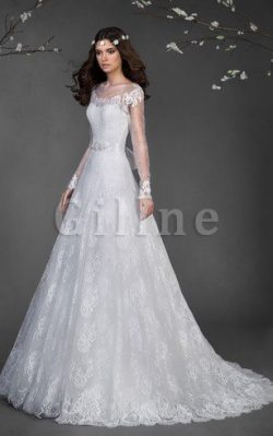 Abito da Sposa con Fusciacca in Pizzo con Maniche Lunghe con Fiocco Sogno – Gillne.it