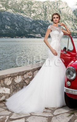 Abito da Sposa decorato Naturale con Applique Cappellino con Manica Corte – Gillne.it